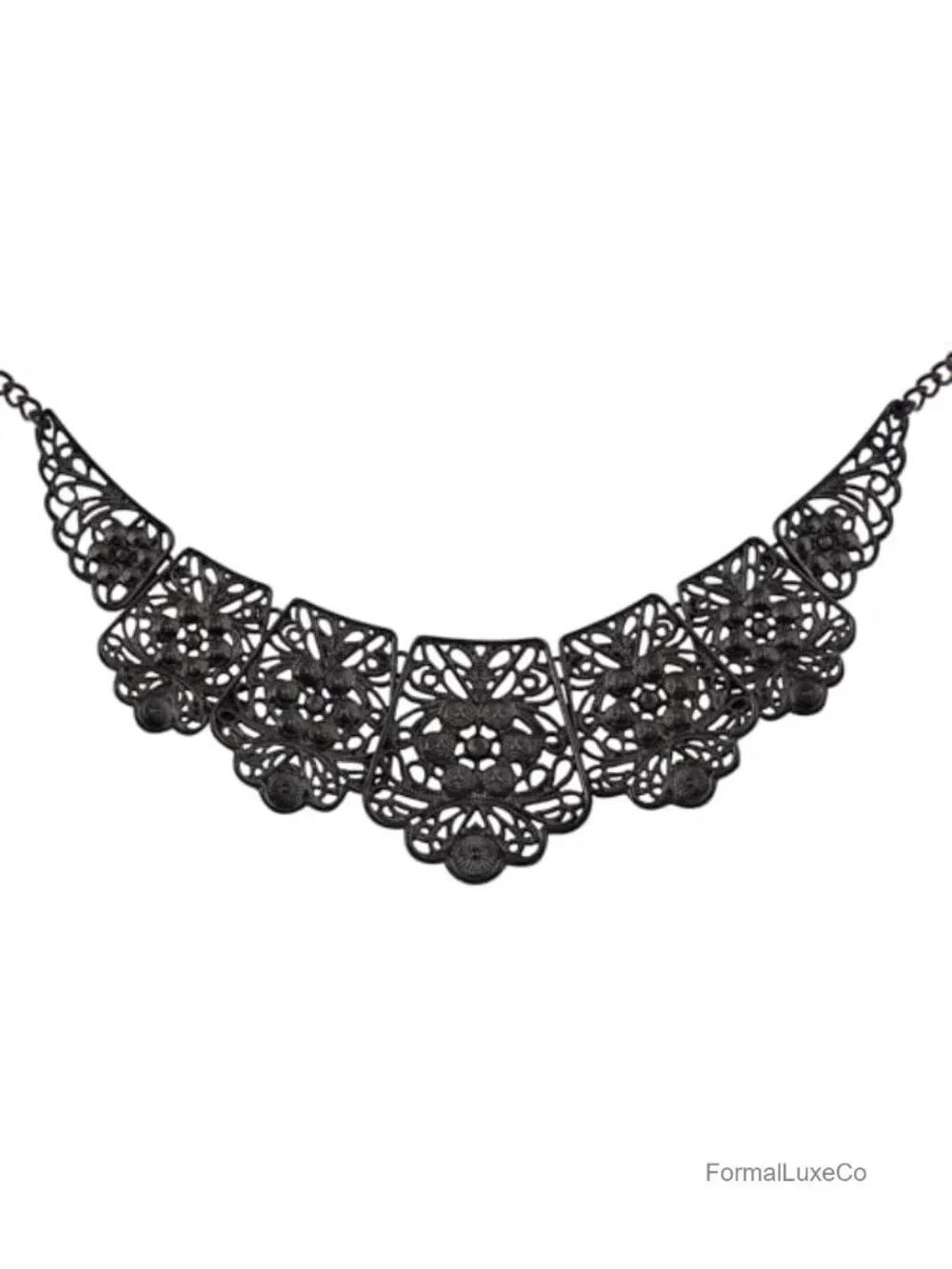 Matte Filigree Floral Cut Out Chunky Statement Bib Collar Necklace Costume